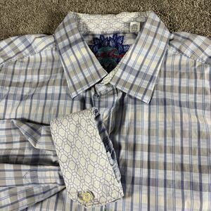 Robert Graham Shirt 2XL Classic Fit Cotton Blue Plaid Flip Cuff Geometric
